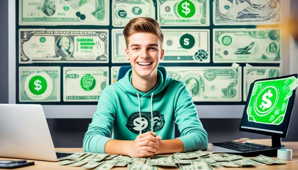 A teenager sitting in front of a computer screen with a big smile on their face. The computer screen shows various online money-making opportunities such as taking surveys and selling products.