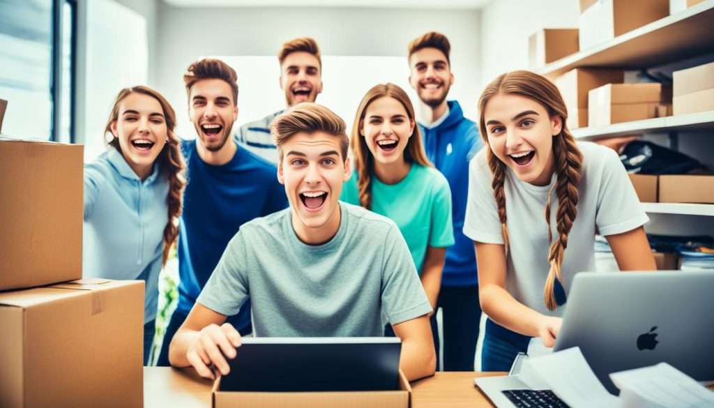  A group of teenagers sitting in front of their computers, surrounded by stacks of shipping boxes and various products, with expressions of excitement and determination on their faces 