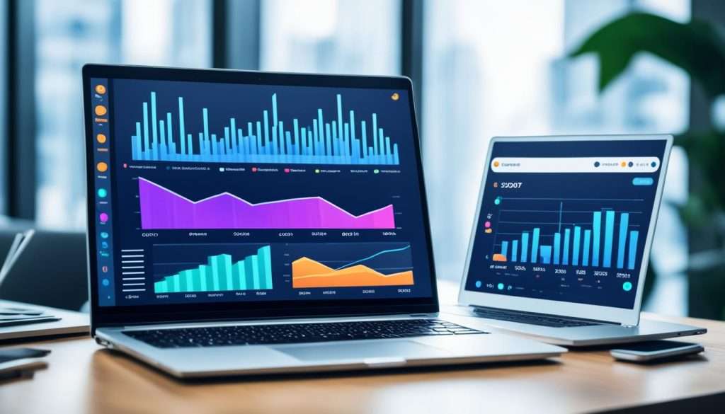 A group of sleek and modern chatbots with different color schemes populating the screen of a laptop, with various charts and graphs showing online earning statistics in the background.