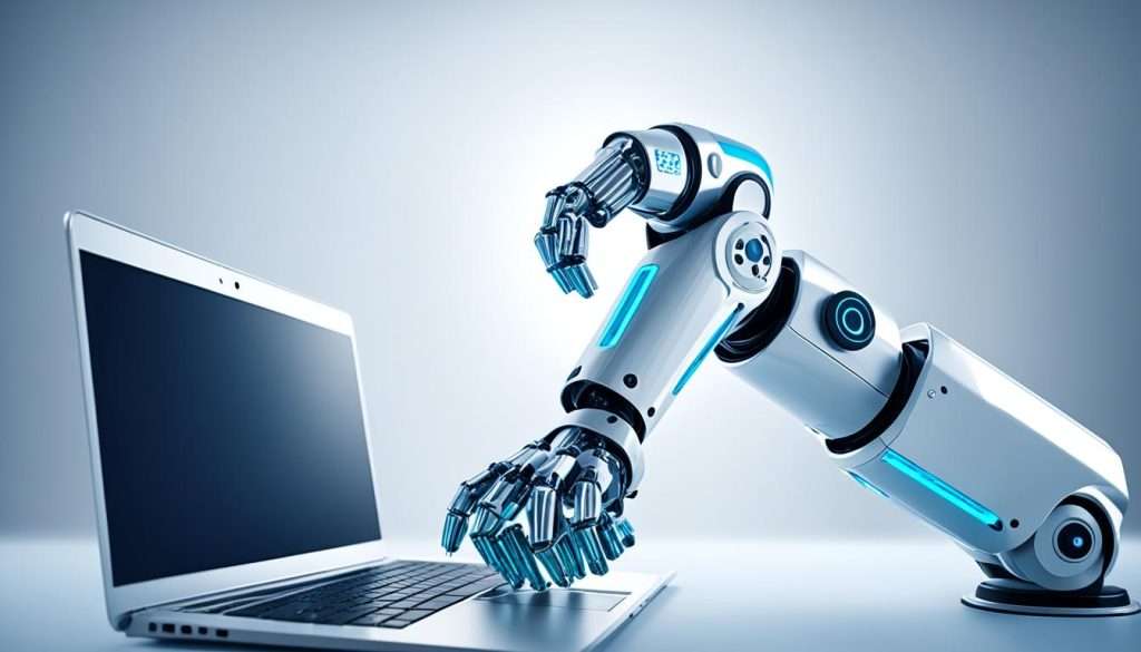 An AI-powered robotic arm processing data and generating income streams for an online business.