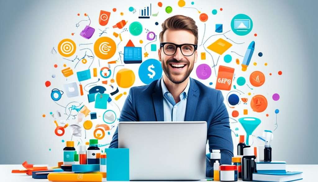 an image of a person with a computer, surrounded by various products, representing the concept of affiliate marketing