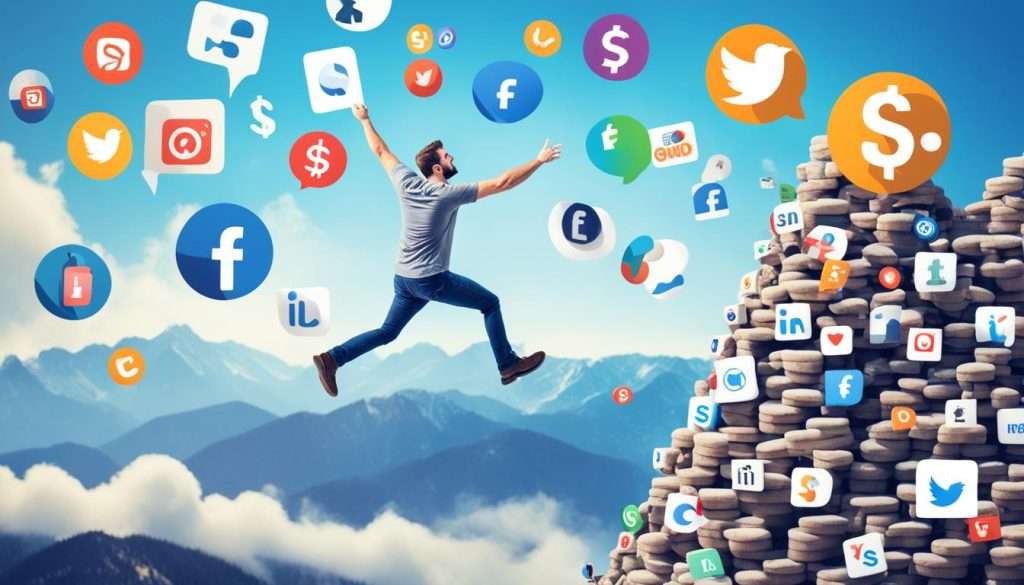 A small business owner climbing a ladder made of social media icons, reaching for a giant dollar sign on top of a mountain made of search engine results