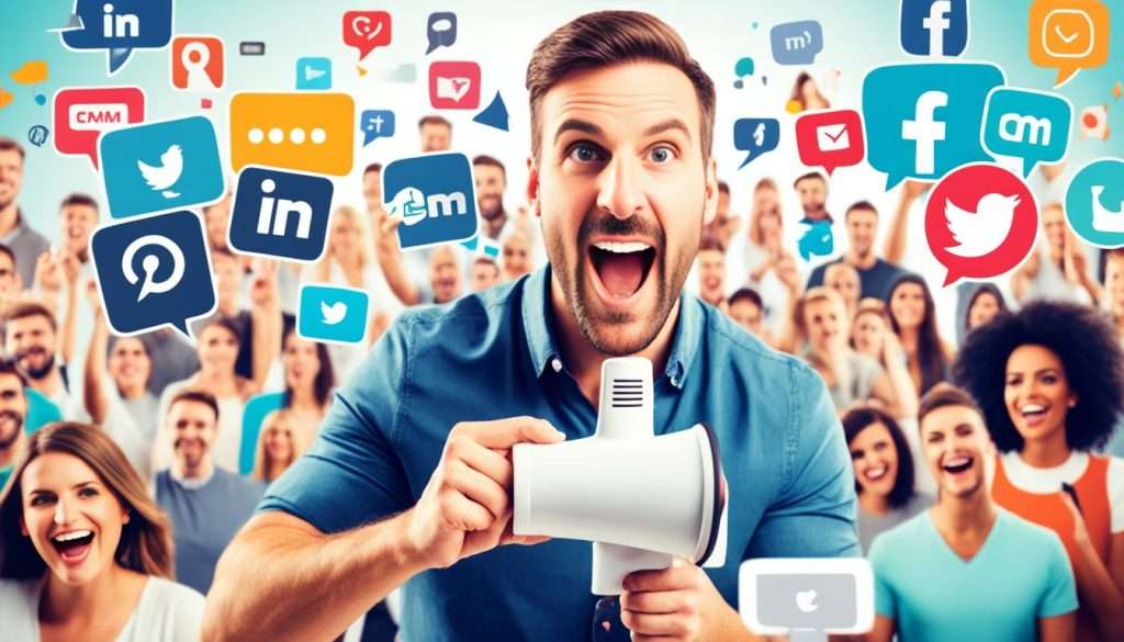  an image of a small business owner holding a megaphone while standing in front of a crowd of people. The crowd is made up of various individuals from different social media platforms